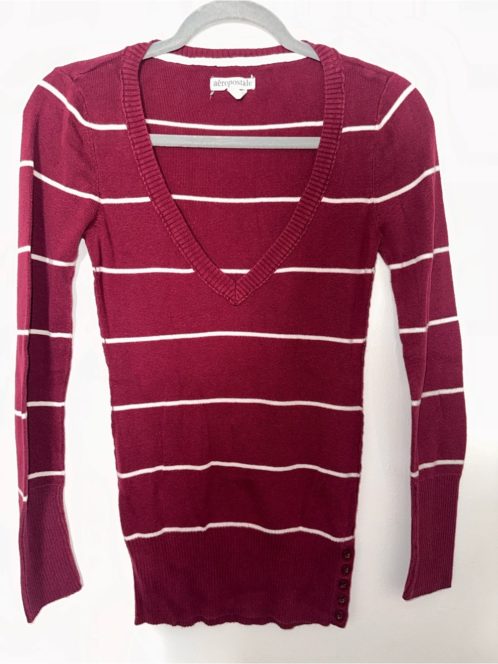 Aeropostale Women's Burgundy V-Neck Stripe Sweater